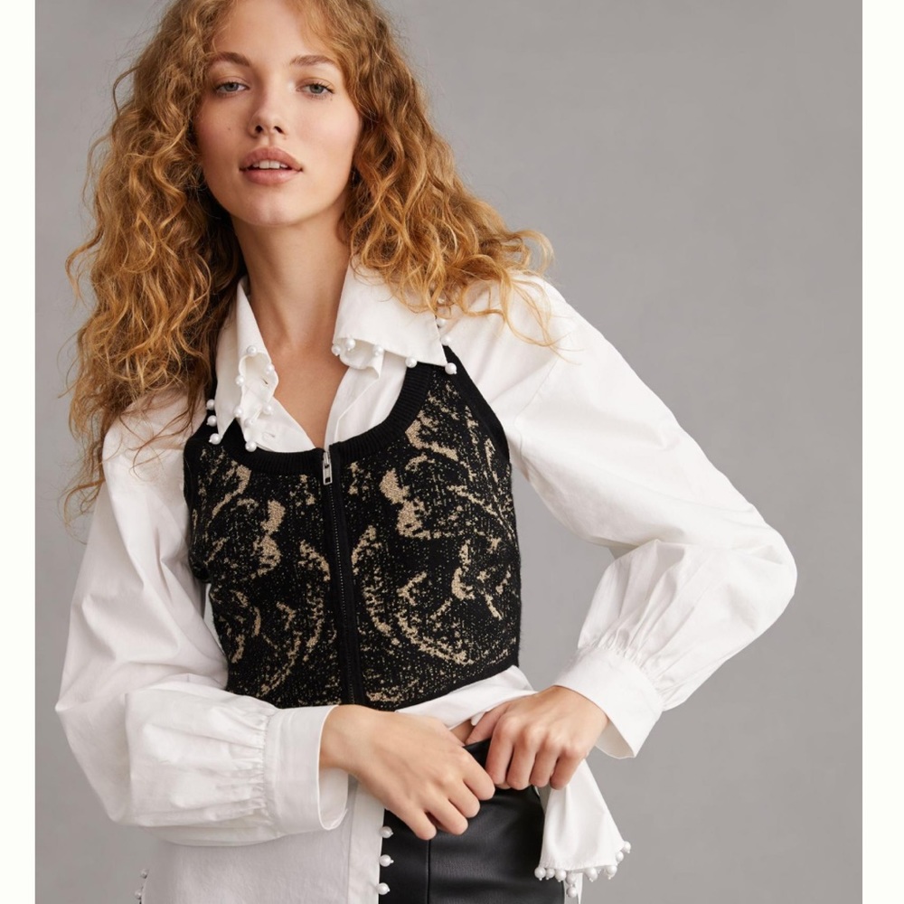New🌟Anthropologie Maeve Black Gold Cropped Sweater Zip Up Vest